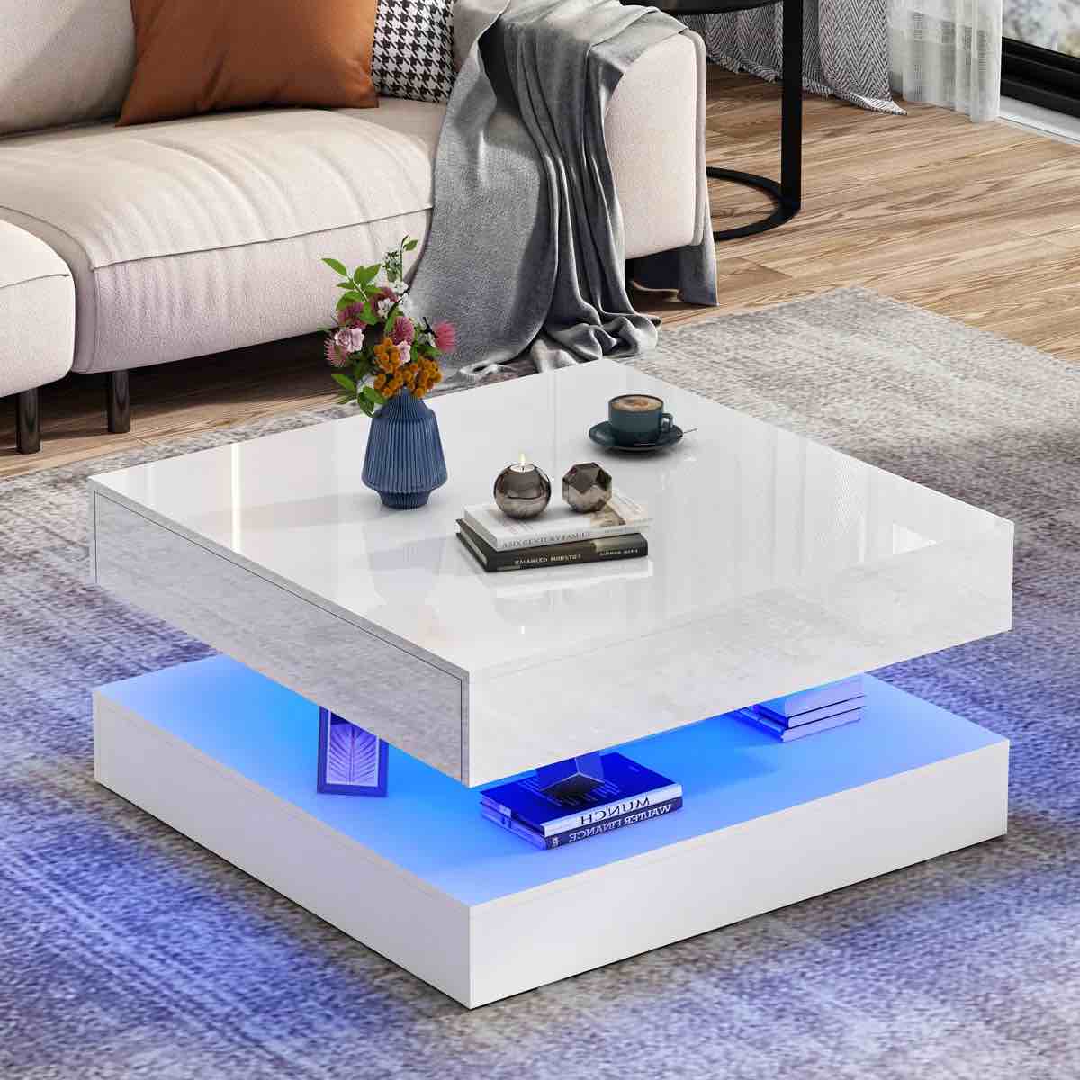 33.9" LED Coffee Table with Storage, Modern High Glossy Living Room Table with 2 Drawers, Double-Layer Design Large Square Center Table, White