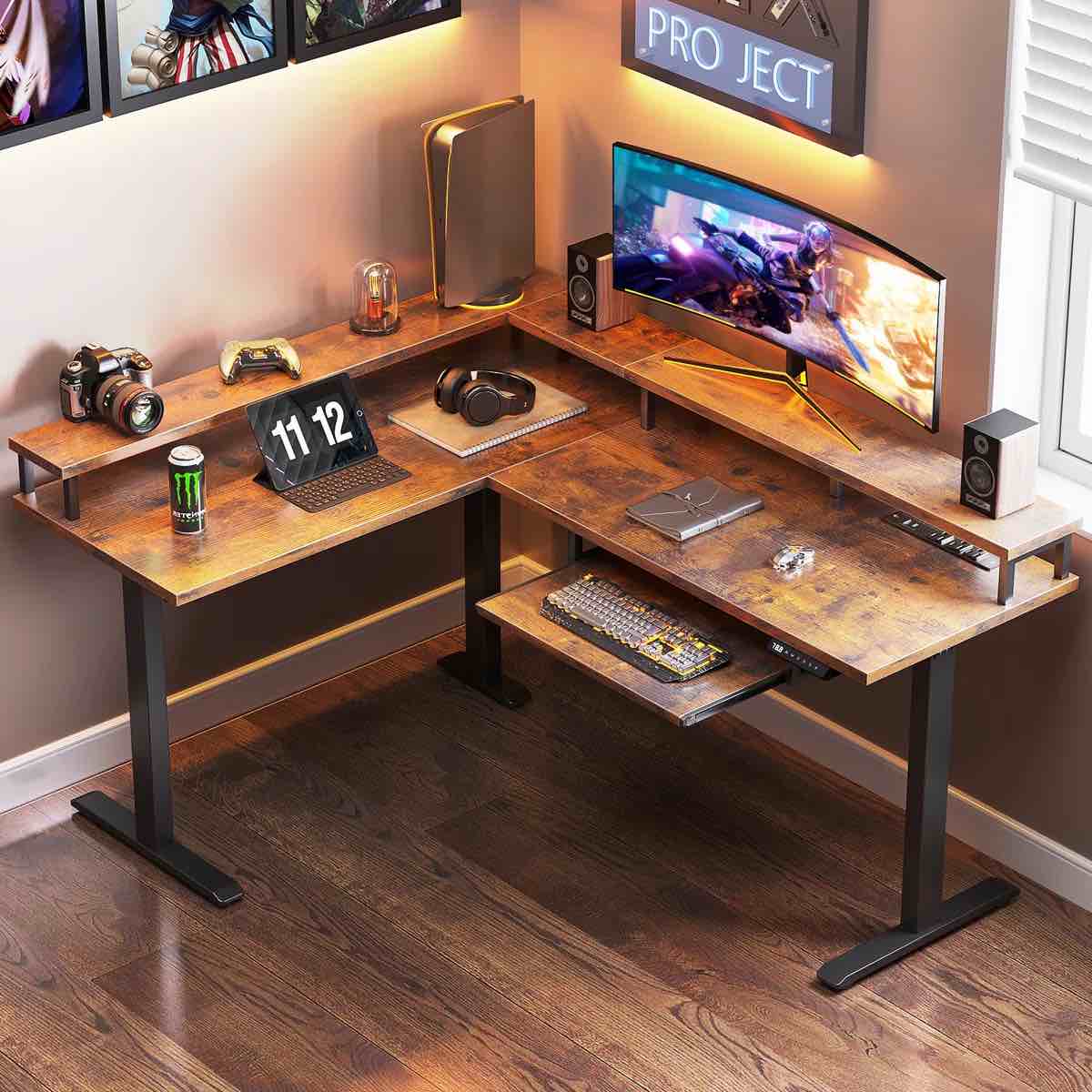 L-Shaped Standing Desk With Full Monitor Stand & Keyboard Tray 59"