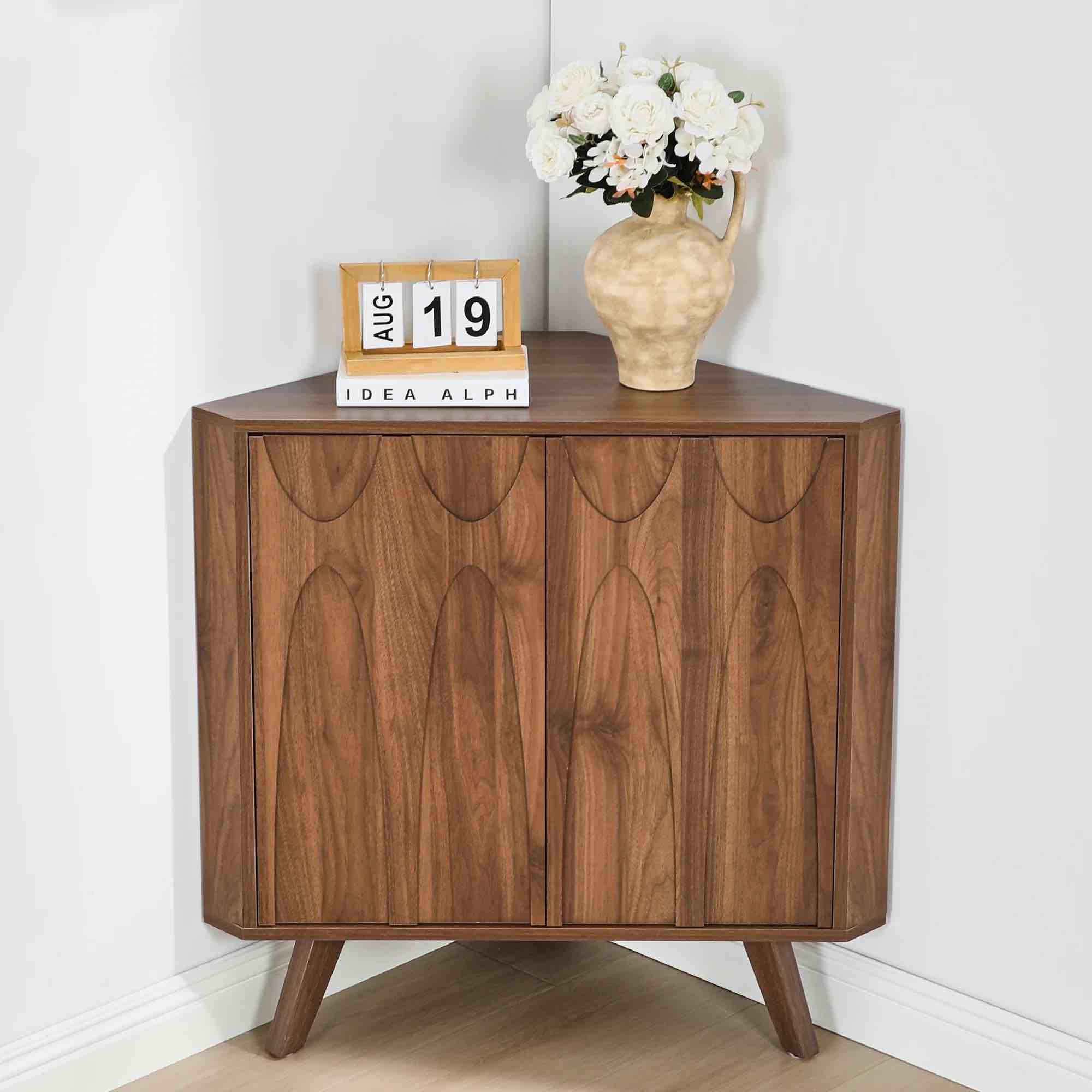 LEFHDA Adjustable Shelf Corner Cabinet with 2 Doors — Freestanding Storage Organizer for Bathroom, Kitchen, Living Room in Brown/Black & Walnut Finishes