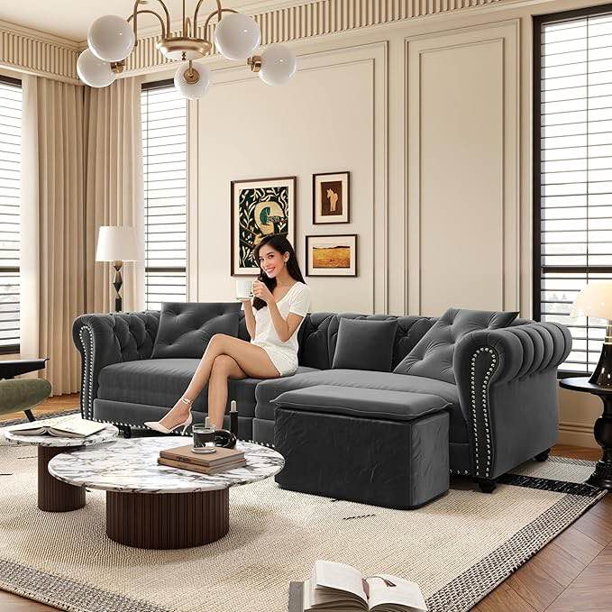 SEE DESCRIPTION 89" 3-in-1 Pull-Out Sleeper Sofa Bed, King Size Convertible Couch, Chaise Lounge with Movable Ottoman, Tufted Design in Gray 