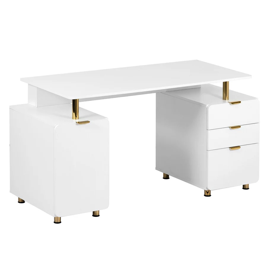 SEE DESCRIPTION RTA-49991D-WHT Elegant Executive Desk with Gold Accents, 3 Drawers, and Cabinet with Adjustable Shelf and Ventilation