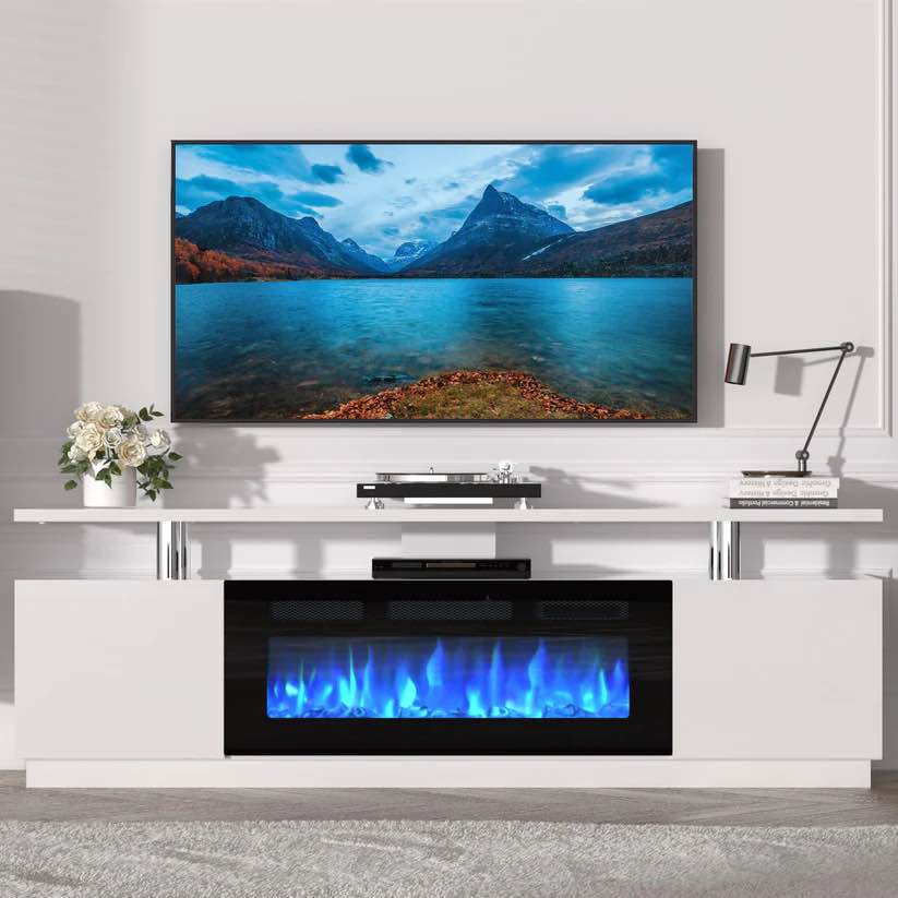 PHK_34HWP8RS Garvee 70 Inch Fireplace TV Stand with 36 Inch Electric Fireplace, 12-Color LED Lights, 750W/1500W Heating, Two-Tier Storage, 2 Door Cabinet, Fits Up to 80 Inch TV, Living Room