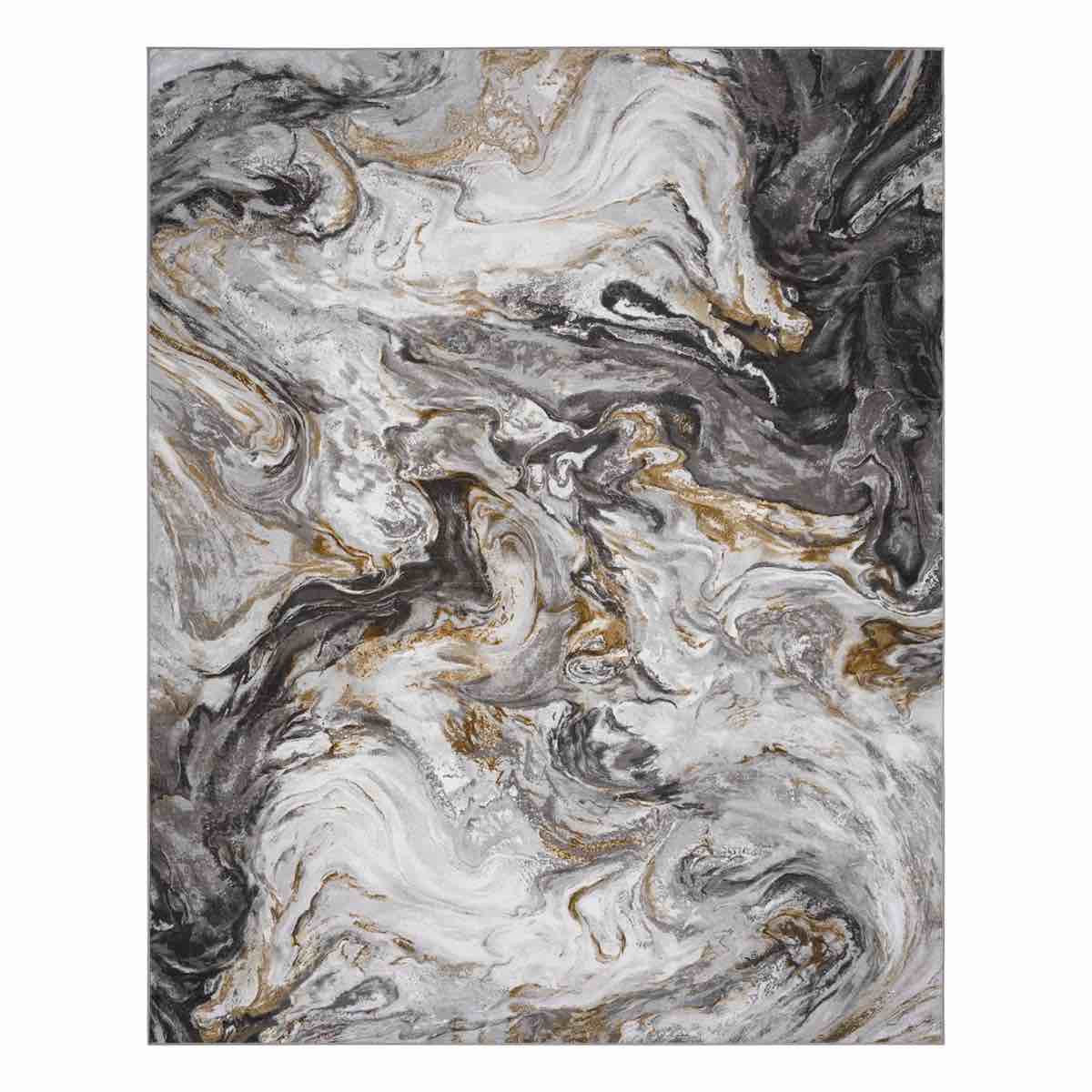 Soft Contemporary Washable Marble Swirl Area Rug In Black , Gray & Gold, Rectangle 8' x 10'