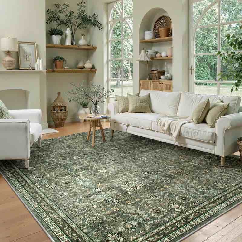 Watte Vintage Floral Border Cashmere Washable Area Rug - Soft Elegant Design for Living Room, Bedroom, or Dining Room Decor Rectangle 9' x 12'