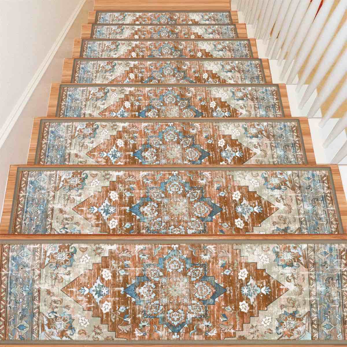 Non-Slip Indoor Stair Treads, Red/Blue/Beige (Set of 15) 