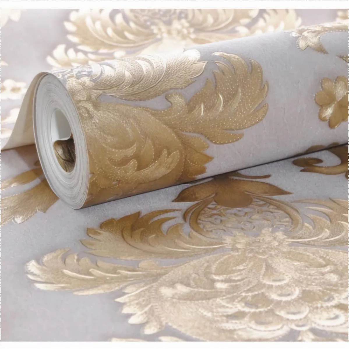 Deakyne Textured Luxury Classic Damask Wallpaper Home Decor Wall Paper Roll, Gray/Gold