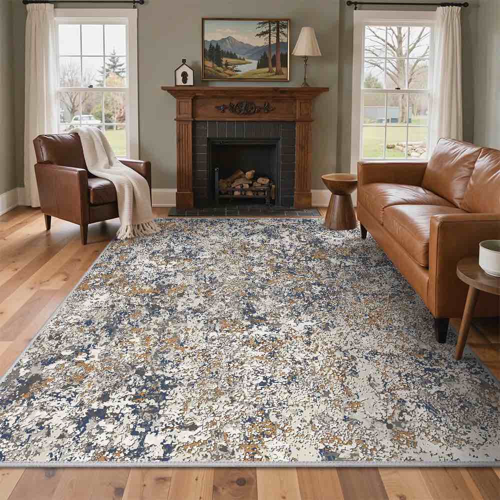 Abstract Neutral Blue/ Brown Washable Anti-Slip Indoor Area Rug, 8' x 10' (Rectangular)