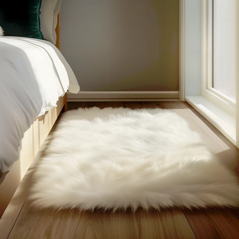 haja fluffy faux sheepskin fur shag area rug in white, rectangle 2' x 3'