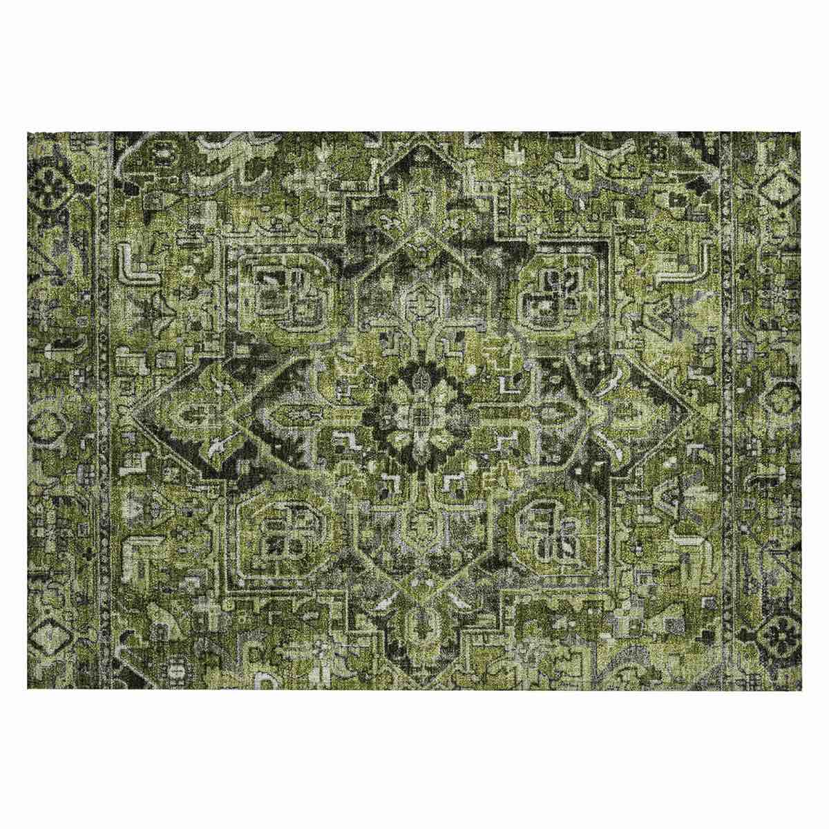 2' X 3' Olive Green and Dark Green Oriental Washable Non Skid Indoor Outdoor Area Rug