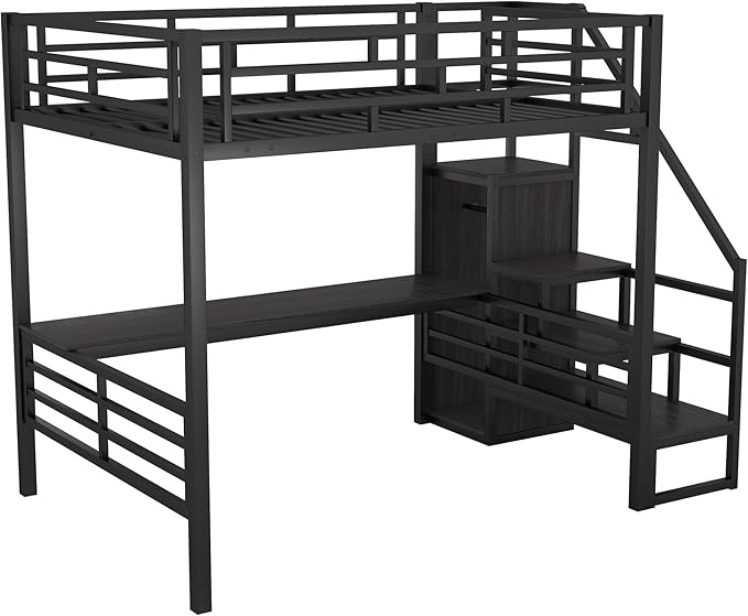 SEE DESCRIPTION Metal Loft Bed with Desk and Stairs,Heavy-Duty Steel Frame Loft Bed with Safety Rail for Bedroom, Dorm (Black)