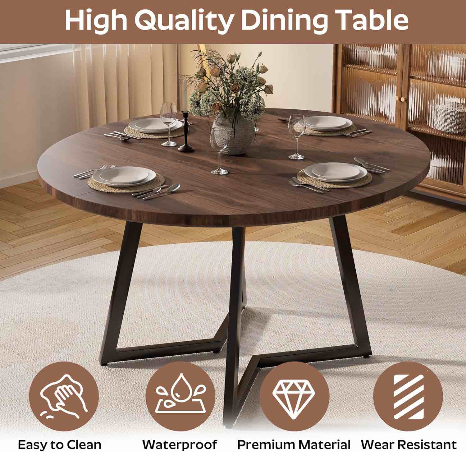 Mid Century Round Dining Table, Retro Rustic Farmhouse 47" Walnut Circle Kitchen Table  DT-WTBK