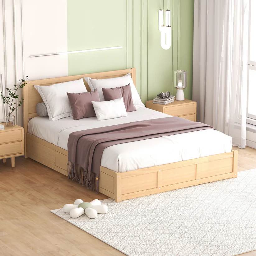 SEE DESCRIPTION Queen Size Wood Platform Bed With Underneath Storage And 2 Drawers, Wood Color Box Spring Not Required Queen Natural Wood Bedroom Bed Frame Solid Wood Mdf