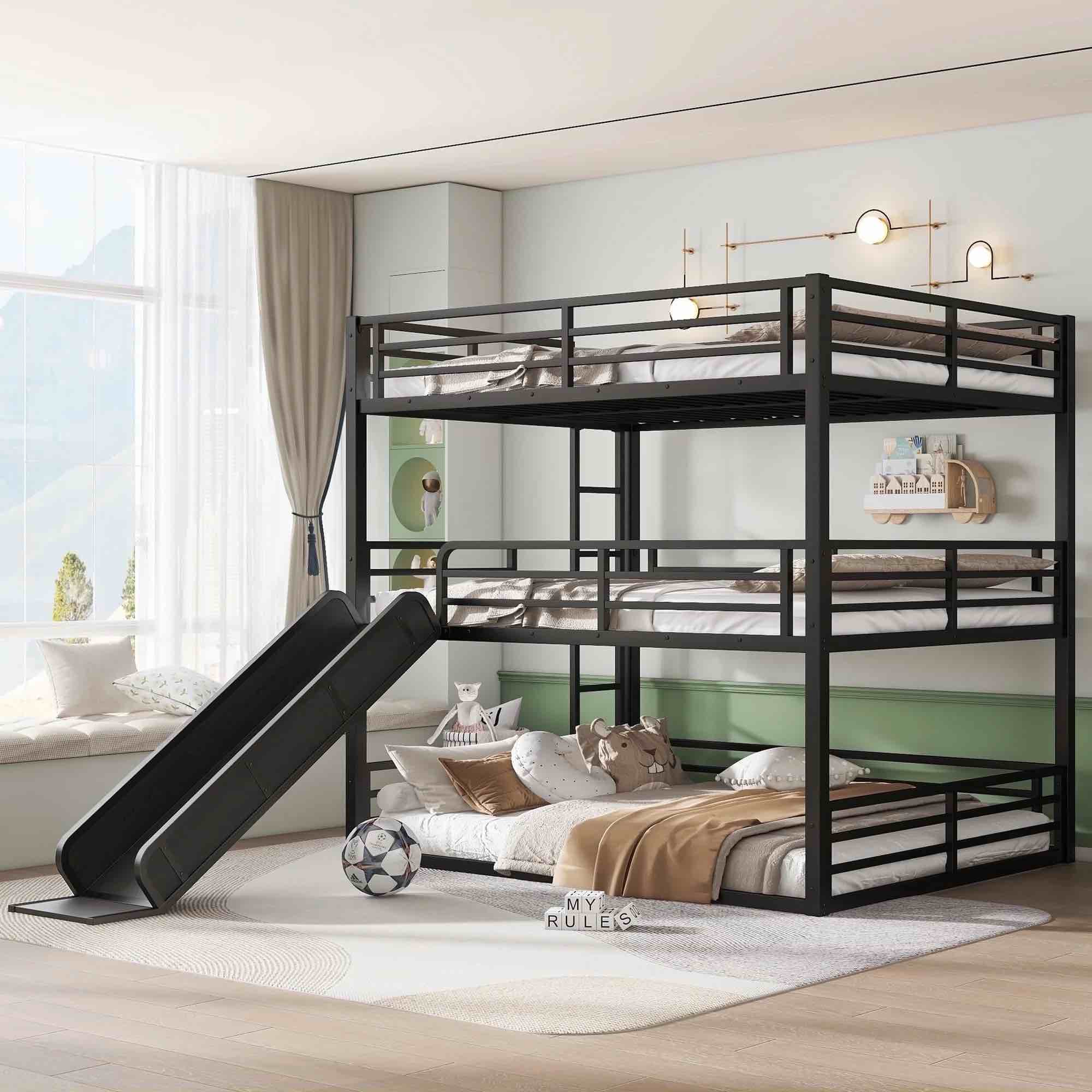 see description morufur heavy duty triple bunk bed with slide, queen over queen over queen metal three bunk bed with ladder and guardrail, no box spring needed, easy assembly, black