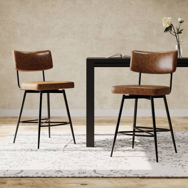 Roomfitters 26'' Retro Swivel Counter Stools, Set of 2 PU Leather Bar Chairs with Cushioned Seat and Iron Frame