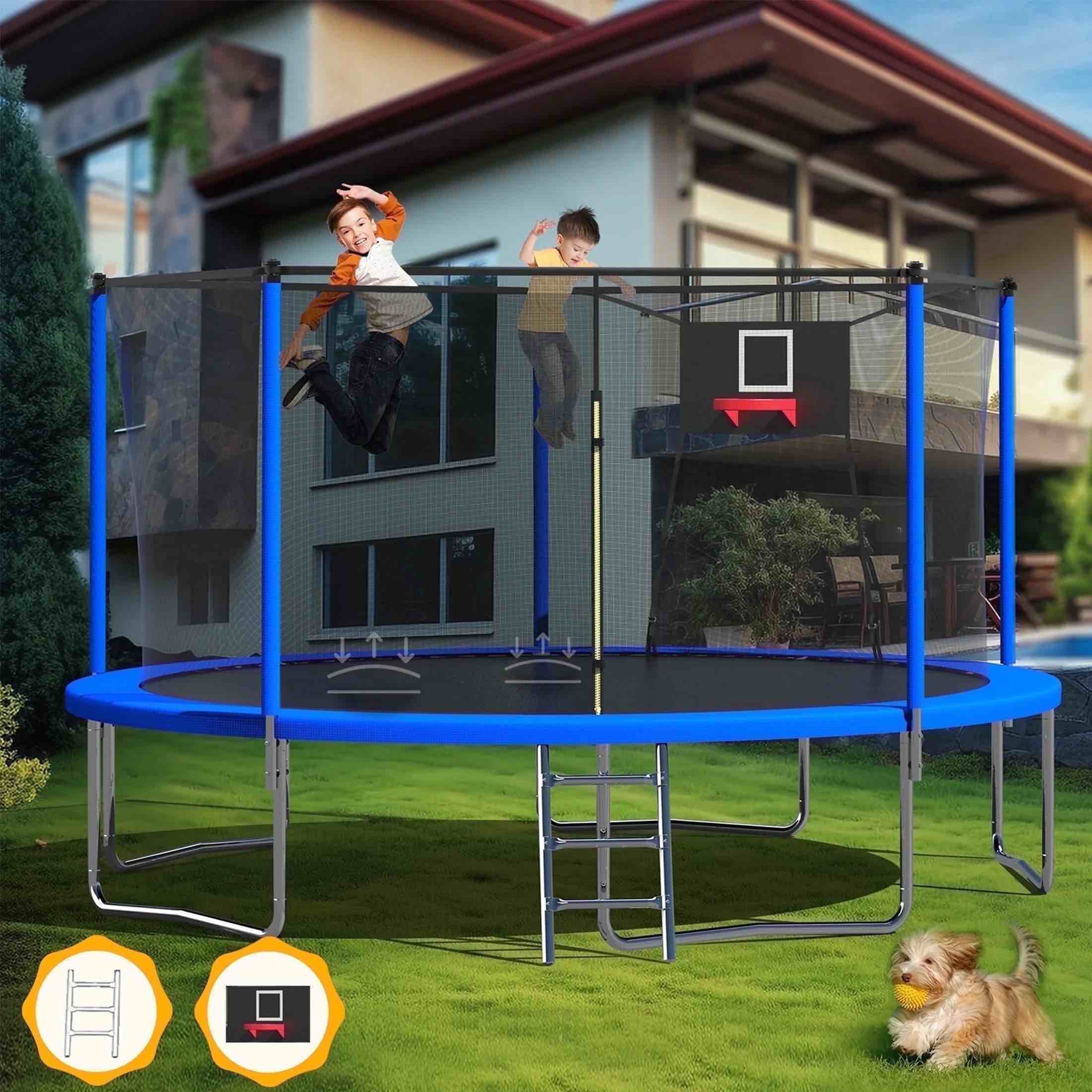 MERSCO 14FT UPGRADED OUTDOOR TRAMPOLINE FOR KIDS AND ADULTS, BACKYARD TRAMPOLINES WITH BASKETBALL HOOP AND ENCLOSURE NET, LOADING 1400 LBS, BLUE  MSG-TN-1405KB