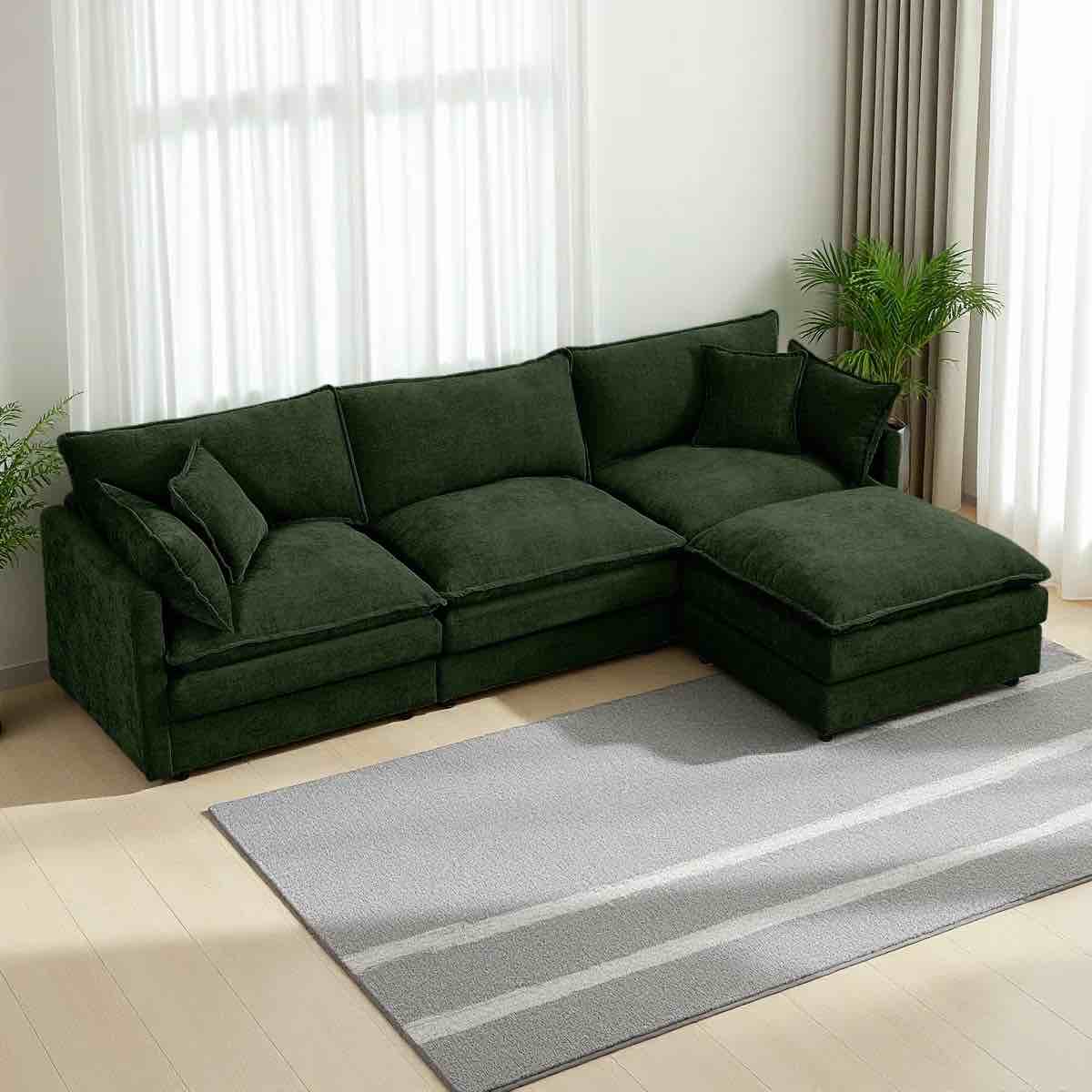SEE DESCRIPTION Modular Sectional Sofa, 102 Inch L Shaped Couch Set For Living Room, 3-Seater Comfy Cloud Couches With Movable Ottoman Green Chenille