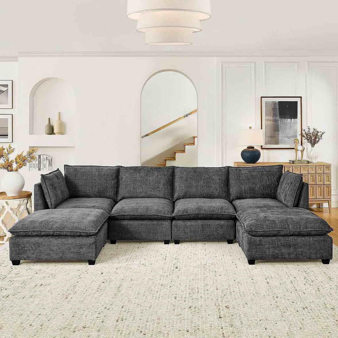 SEE DESCRIPTION Cloud Couch Sectional 4 Seat Sofa With 2 Ottoman, Chenille Sofa Sleeper Deep Seat Sofa With Throw Pillows For Living Room, Gray 