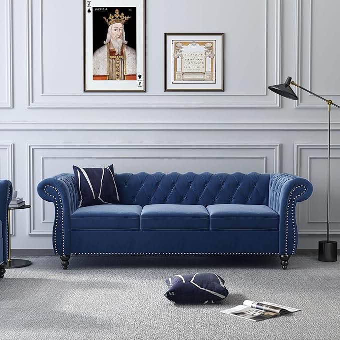 SEE DESCRIPTION Blue Velvet Upholstered 3-Seater Sofa with Roll Armrest & Nailhead Trim, Mid Century Modern Couch for Living Room, Office