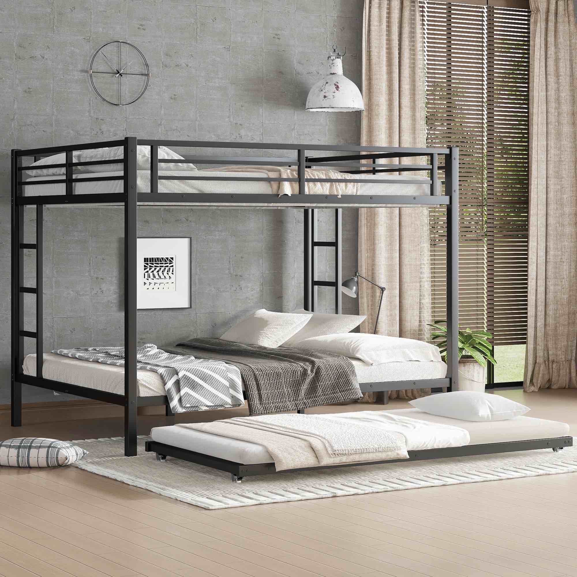 SEE DESCRIPTION Queen over Queen Metal Bunk Bed with Twin Trundle, Space-Saving Triple Sleeper, Noise-Free Design, No Box Spring Needed, Black