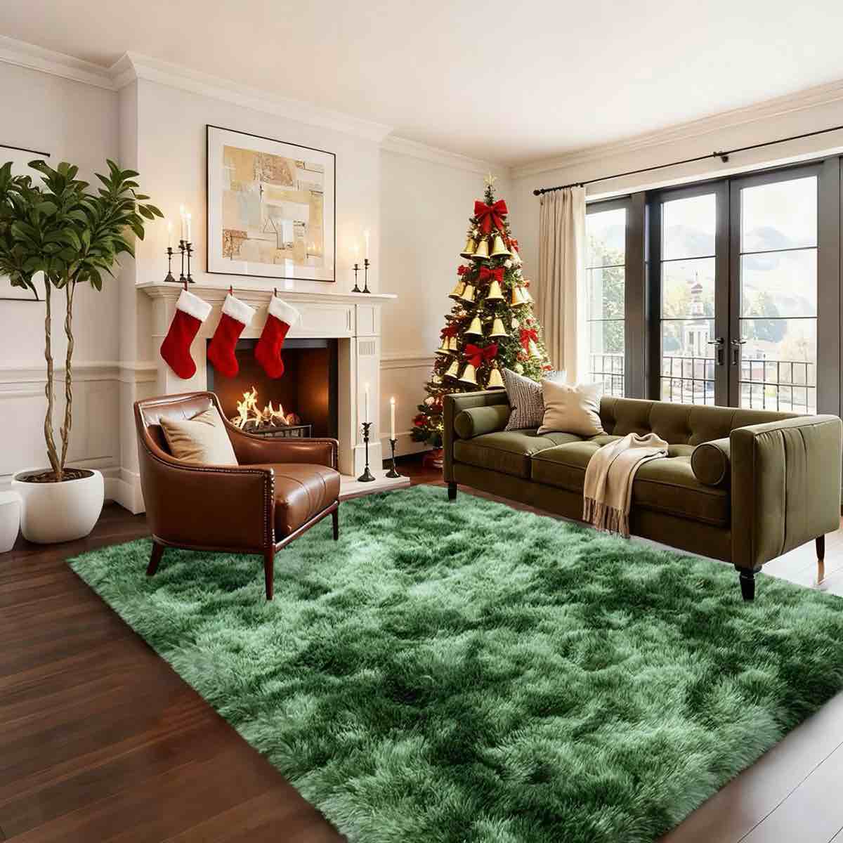 Grass Green Fluffy Shag Area Rug with Non-Slip Base & 4 Reusable Stickers, Soft Plush Mat DarkGreen 6x9 ft/180x270 cm/72x108 in