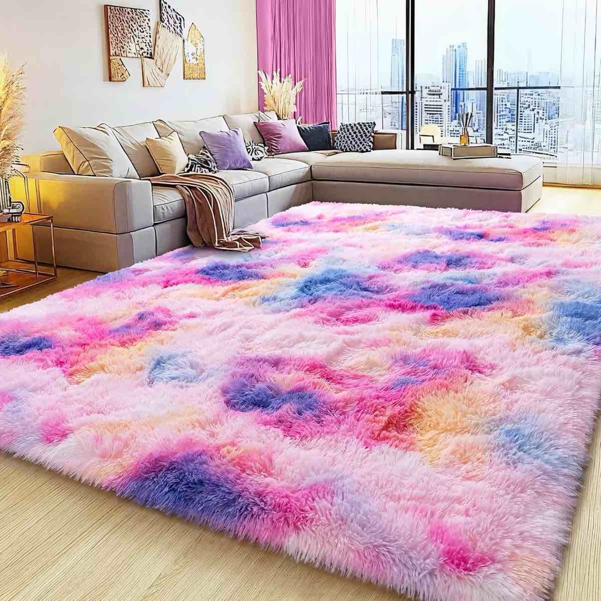 Rainbow Tie-Dyed Shag Area Rug, Ultra Soft 1.7" Thick, Non-Slip Backing, 100% Polyester Pink 5x7ft/60x84in /150x210cm