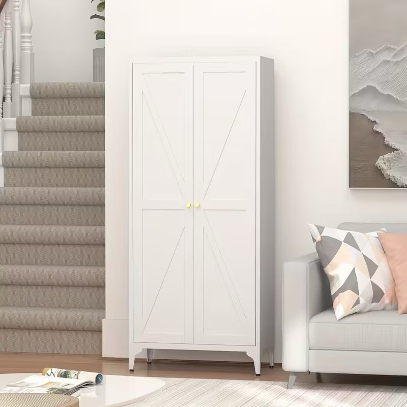 Meter Grid Storage Cabinet - Modern White Metal Lockable 3.2+ Cubic Feet Organizer with 27" Height, 4 Shelves & Golden Handles for Home, Office, Kitchen, Bathroom Organization, Kitchen Cabinet Organizers And Storage, Sleek Metallic Finish, Durable Construction