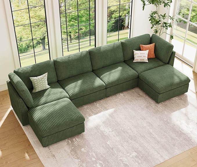 see description modular sectional sofa with ottoman, oversized cloud couch sectional with extra deep seat, convertible upholstered u shaped sectional couches for living room, plush corduroy green 5796gn