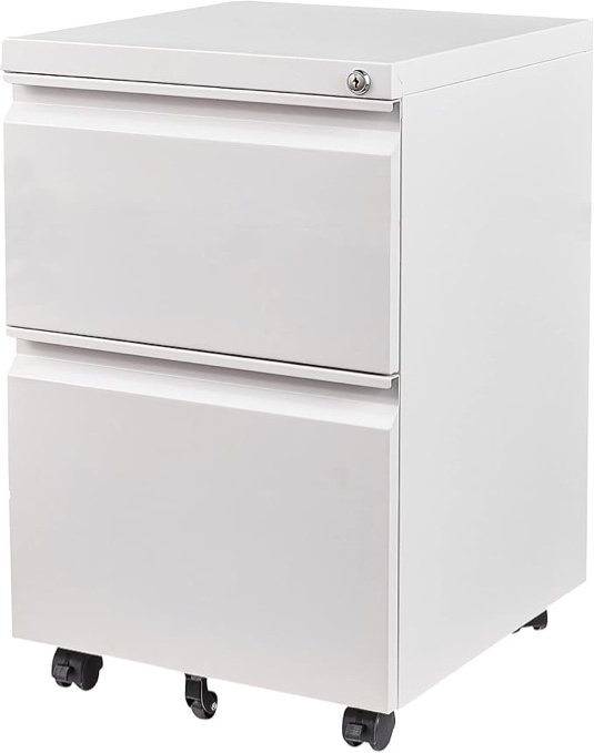 2 drawer file cabinet with lock and wheels,white rolling file cabinets,locking mobile metal filing cabinet for home office,under desk,fit a4/letter/legal file, easy assembly