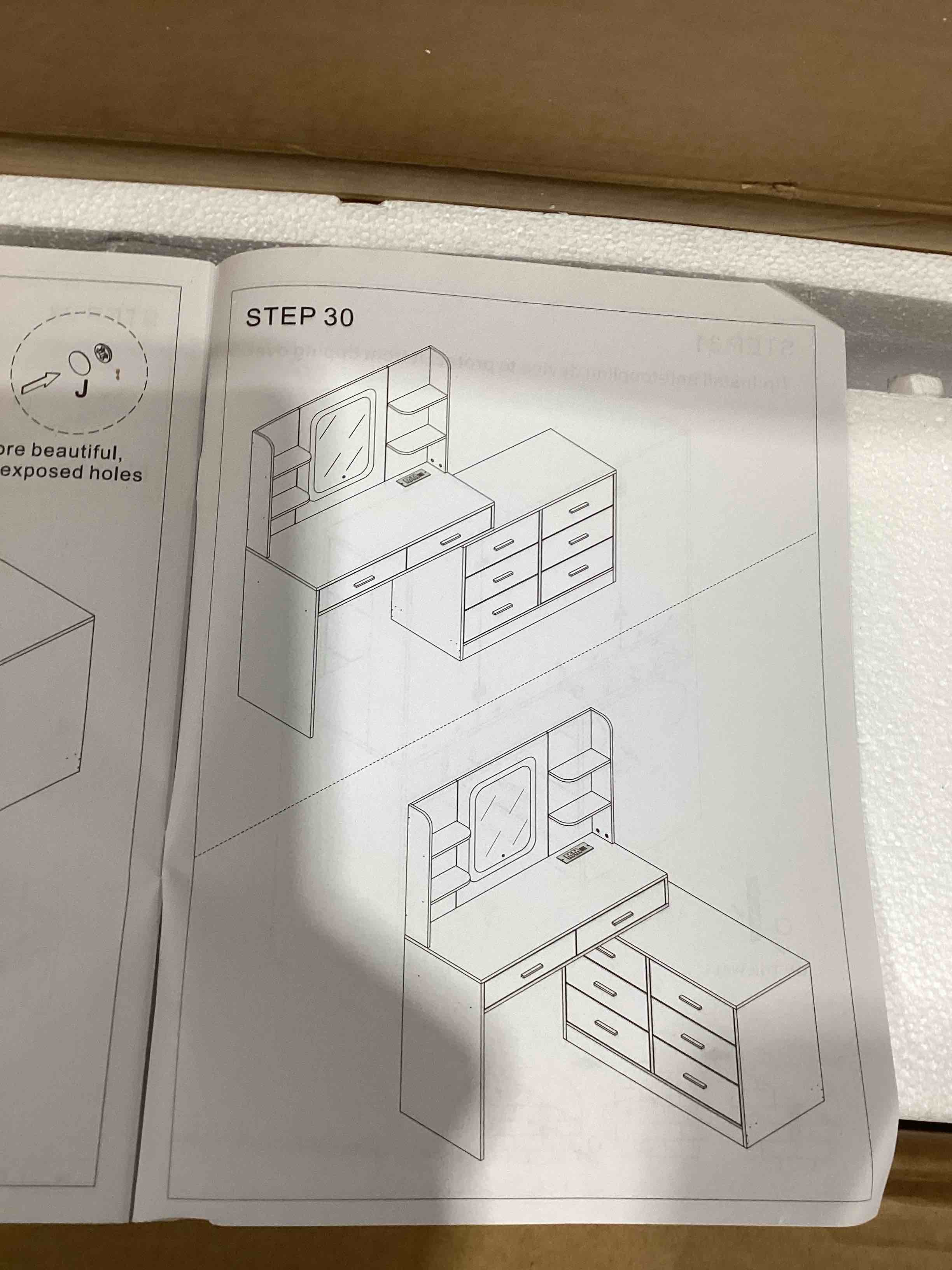 Condition photo showing Good Condition for Vanity Desk with LED Light Mirror & Power Outlet, 8 Drawers, 6 Storage Shelves, 3 Color Modes & Adjustable Brightness Makeup Vanity, Corner Vanity, L Shape Vanity, 39.4”-64.9" Desk, White
