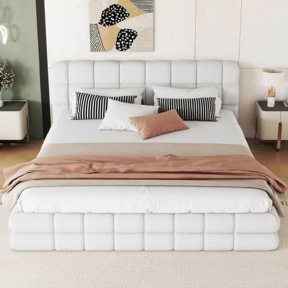 see description queen size upholstered platform bed, white