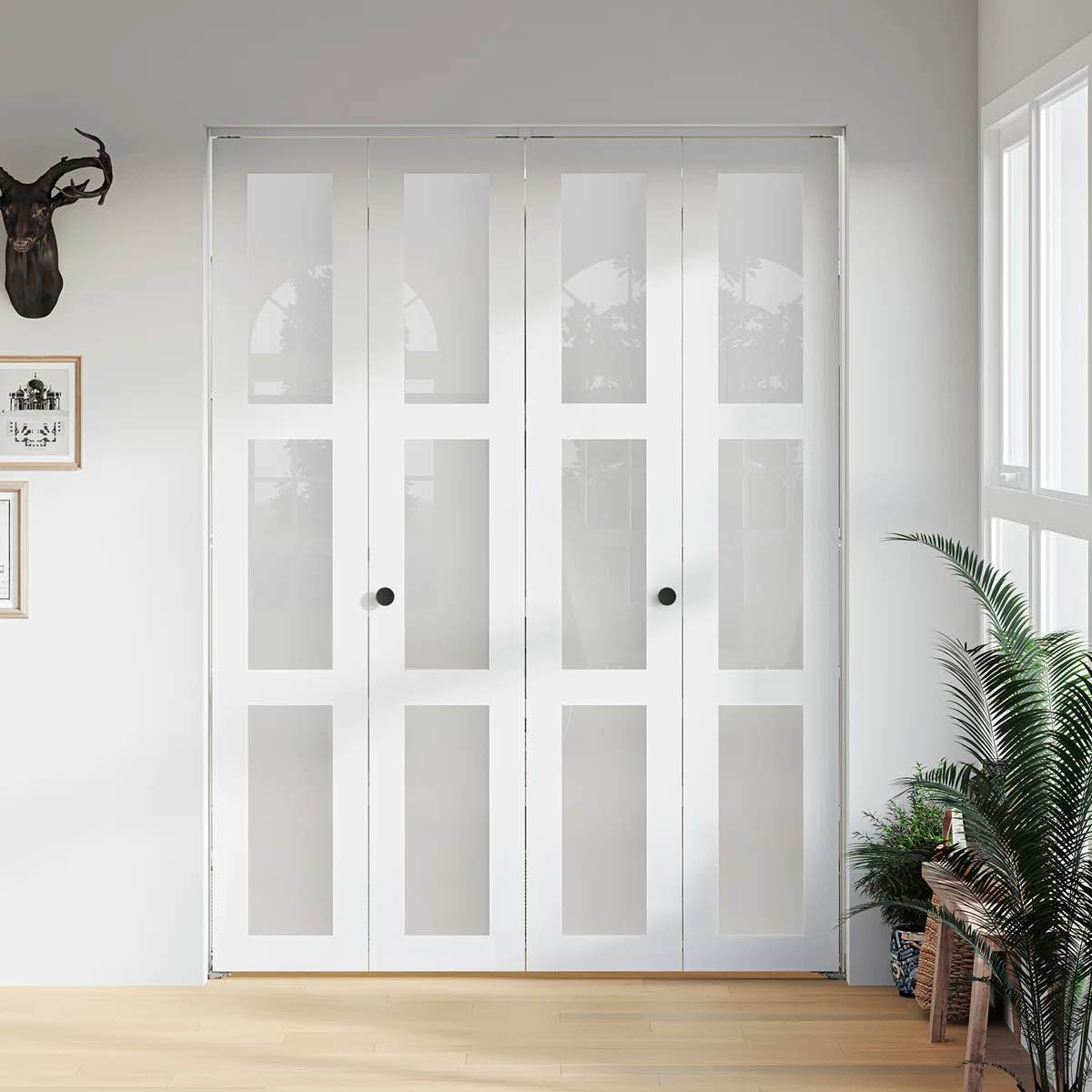 3-lite 78" frosted glass double bi-fold doors for 80" door opening height with installation hardware kit