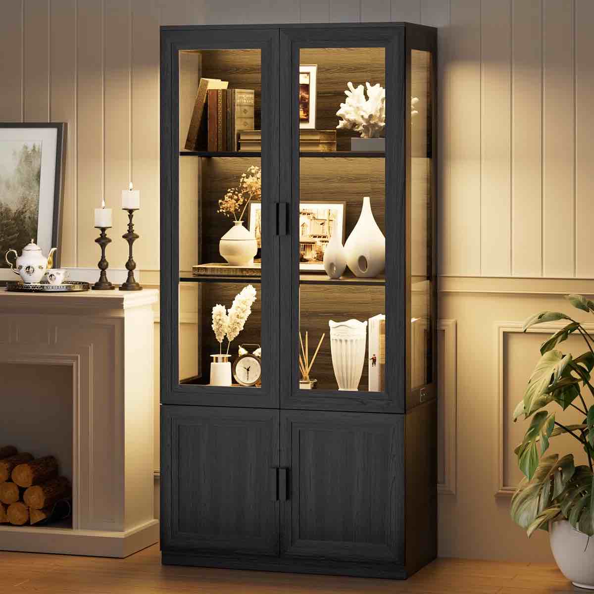 curio display cabinet with doors,bookcase with led lights, black 