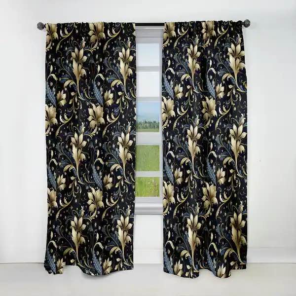 designart "gold and blue luxury damask serenade" damask blackout curtain for living room décor