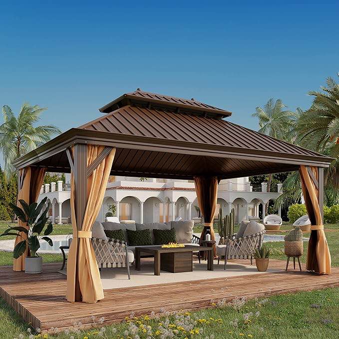 see description 12'x16' hardtop gazebo outdoor aluminum patio double roof galvanized steel canopy with netting and curtains for garden, backyard, deck and lawns. gsm004-n01-s-4