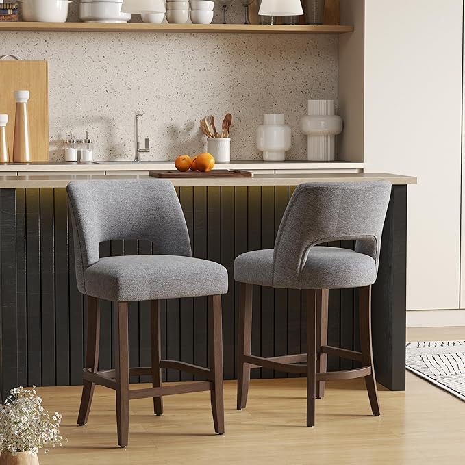 Bar Stools Set of 2,Upholstered Counter Height Bar Stools,Modern Counter Stools with Wood Legs for Kitchen Island Dining Room Bar,Fabric Grey VK-470-GRY