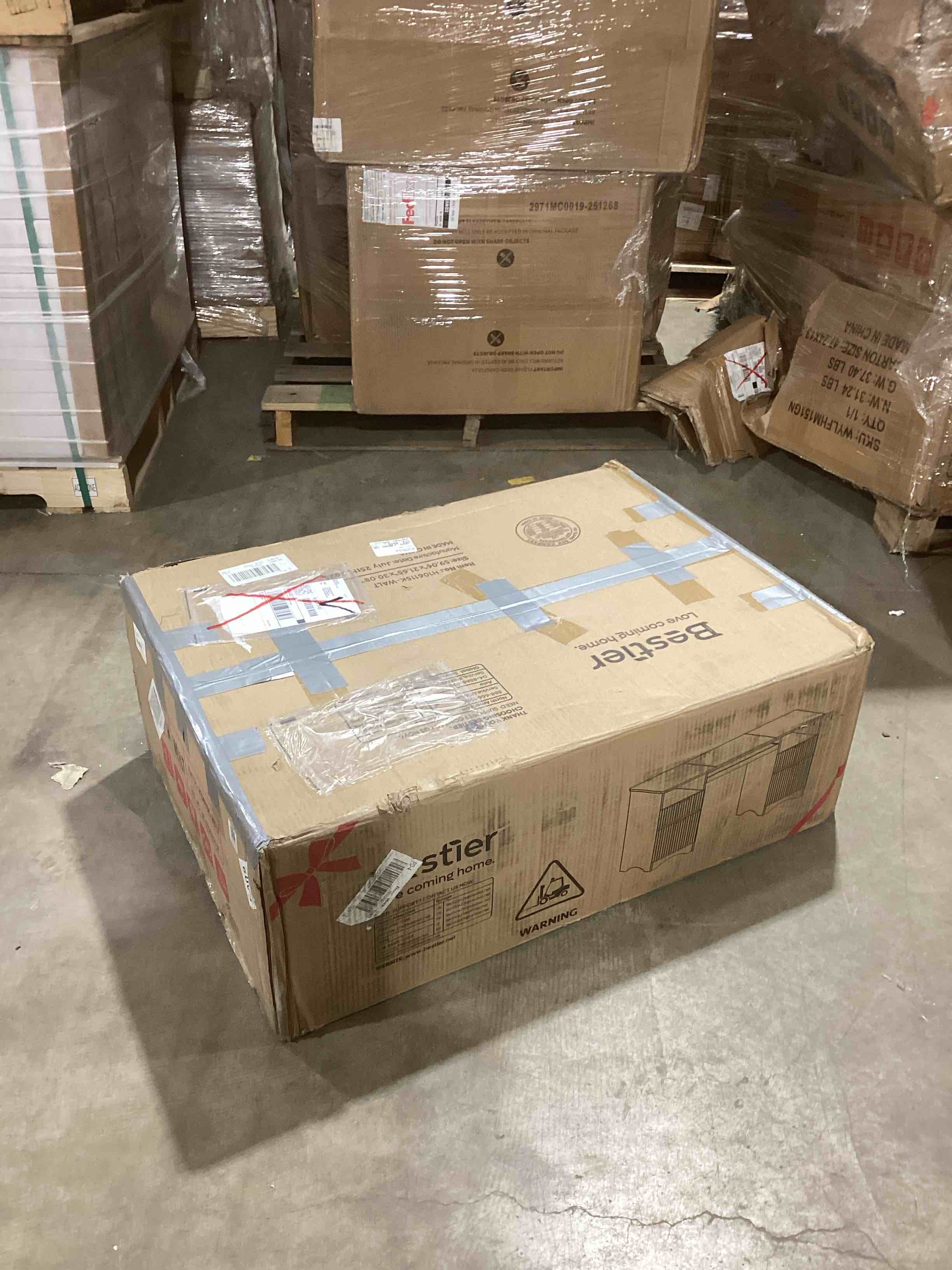 Condition photo showing Good Condition for Bestier Computer Desk with Keyboard Tray, 59 inch Office Desk with 4 Drawers, Modern Home Office Desk with File Drawer (Walnut with White, 59" W with Double-Sided Drawers)