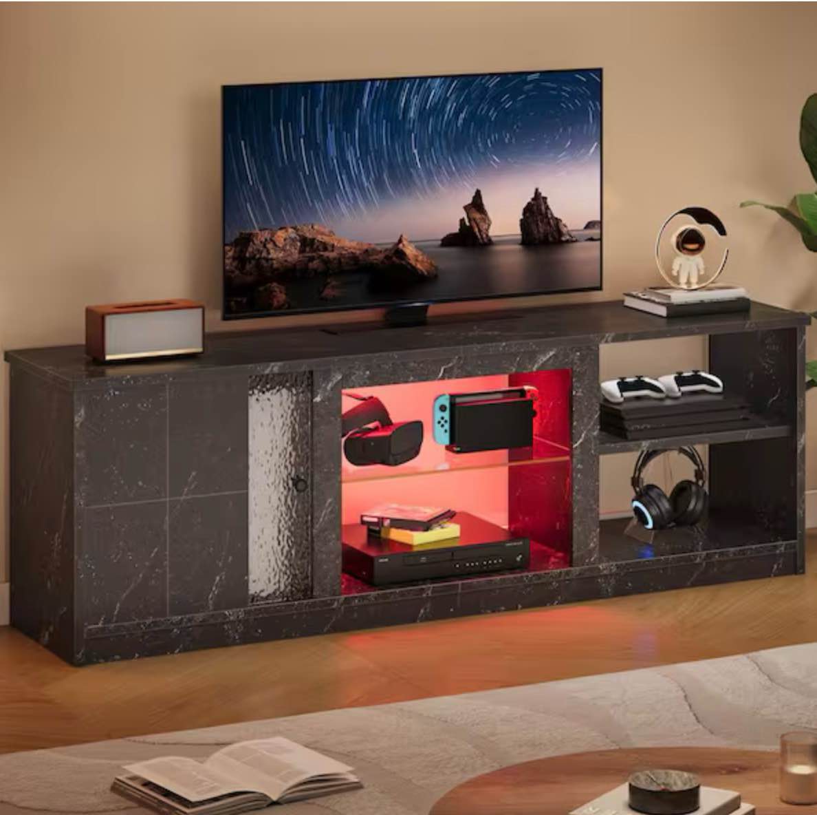 Condition photo showing New/Like New for 63 in. Black Marble TV Stand for TVs up to 70 in. Media Console with LED Lights and Adjustable Shelves by PINMOCO L104660A-BLKM