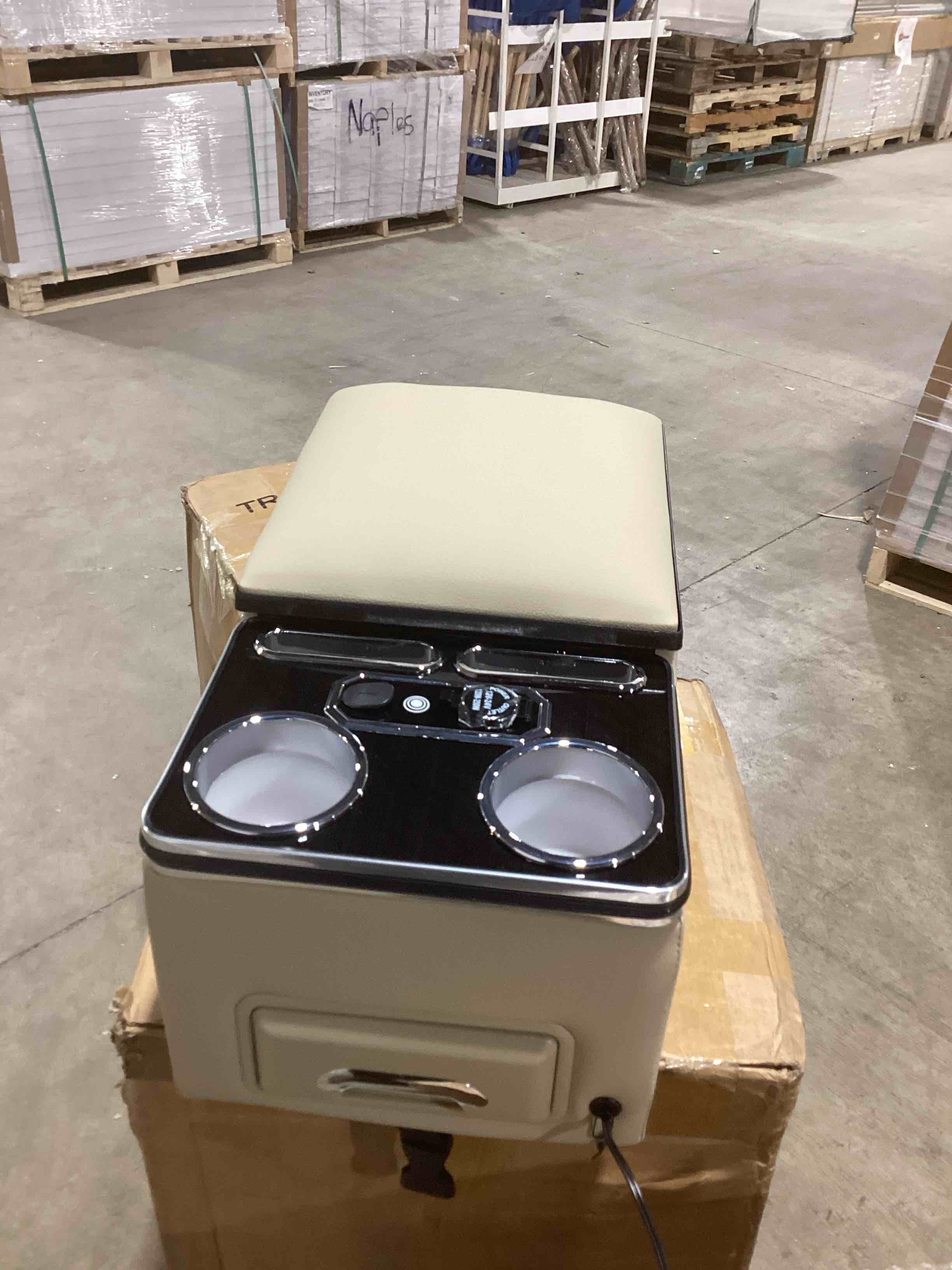 Condition photo showing New/Like New for Rear Bench Seat Armrest Organizer, Center Console, Beige Centre Armrest Box Cover with Fast Phone Charging, 7-Color LED Lighting, Cup & Phone Holders, for Car Minivan Van Truck