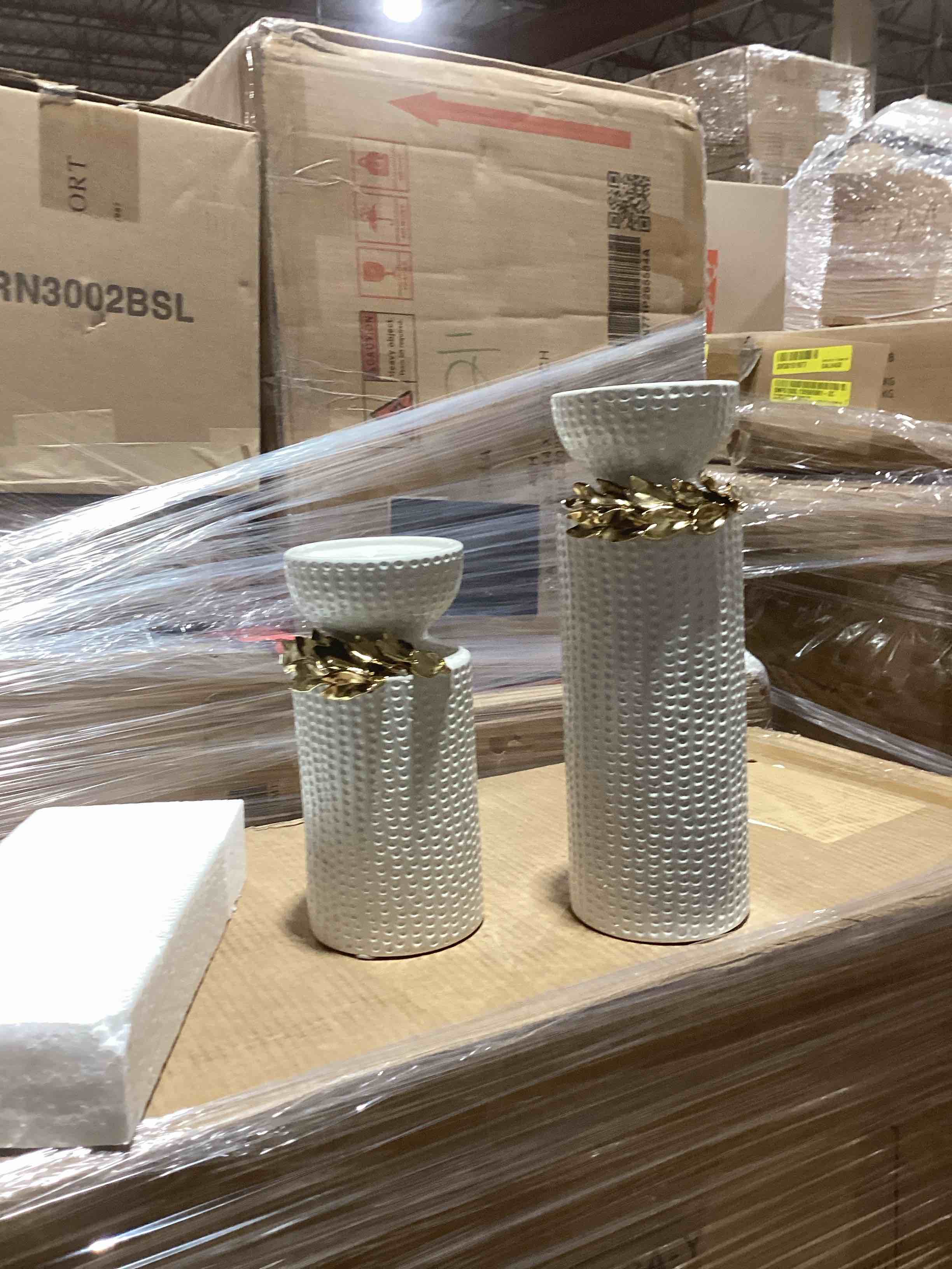 Condition photo showing Good Condition for UMA White Ceramic Decorative Candle Holder with Abstract Spotted Pattern and Gold Leaf Accents, Set of 2 12", 9"H | 71486