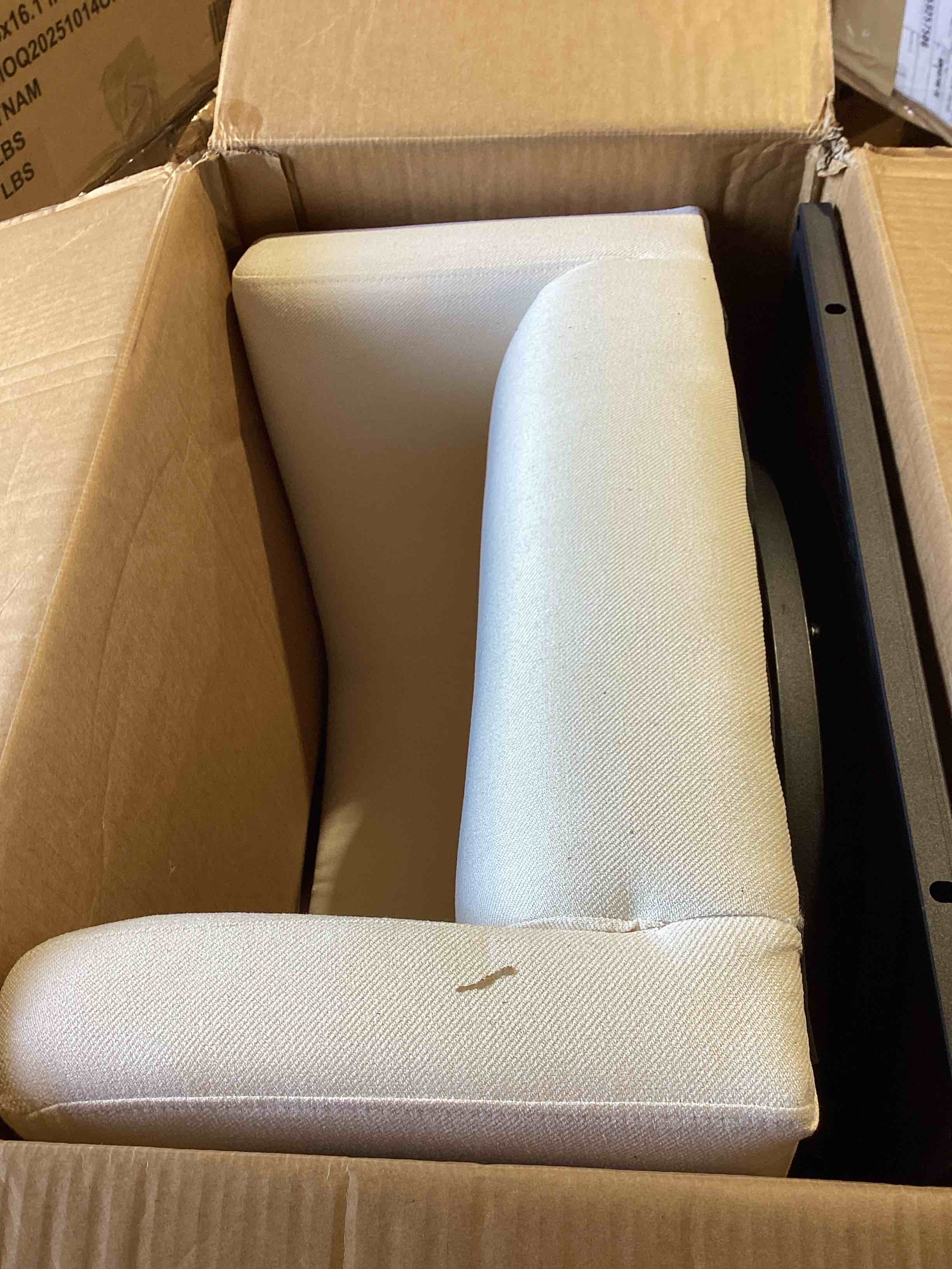 Condition photo showing Good Condition for clinq 26" h counter height bar stools set of 1, modern barrel counter stools with backrest and arms, black metal frames, linen fabric upholstered accent barstools for kitchen island, beige