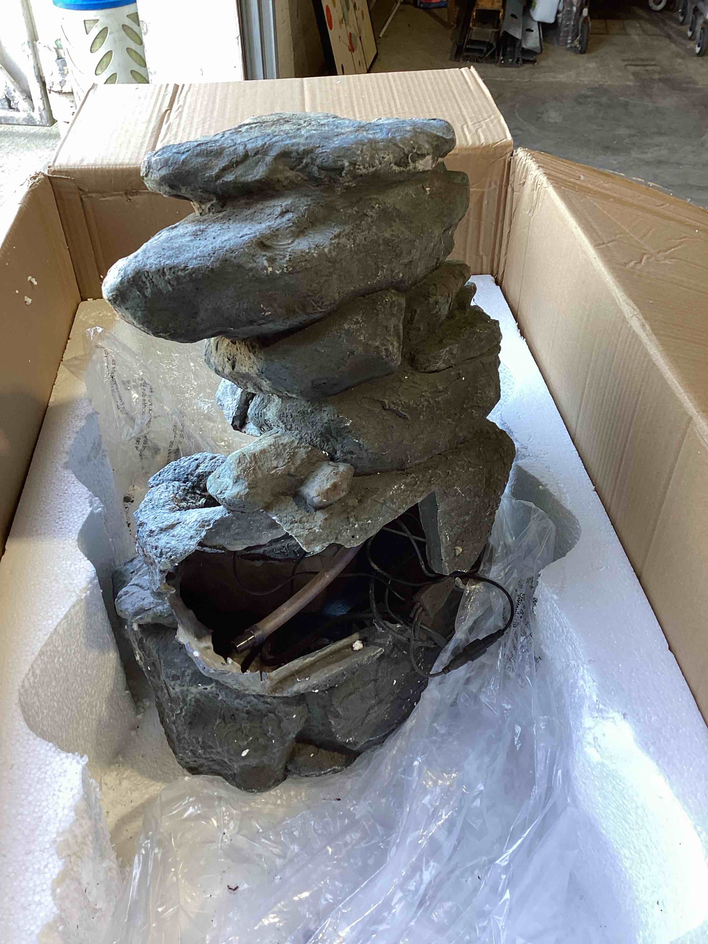 Condition photo showing As Is for alpine corporation tzl418 14" 3 tier rock fountain with led lights, elegant cascading water feature for tabletop, indoor decor, relaxing stone waterfall for home & office, gray elegant rock w/ led lights