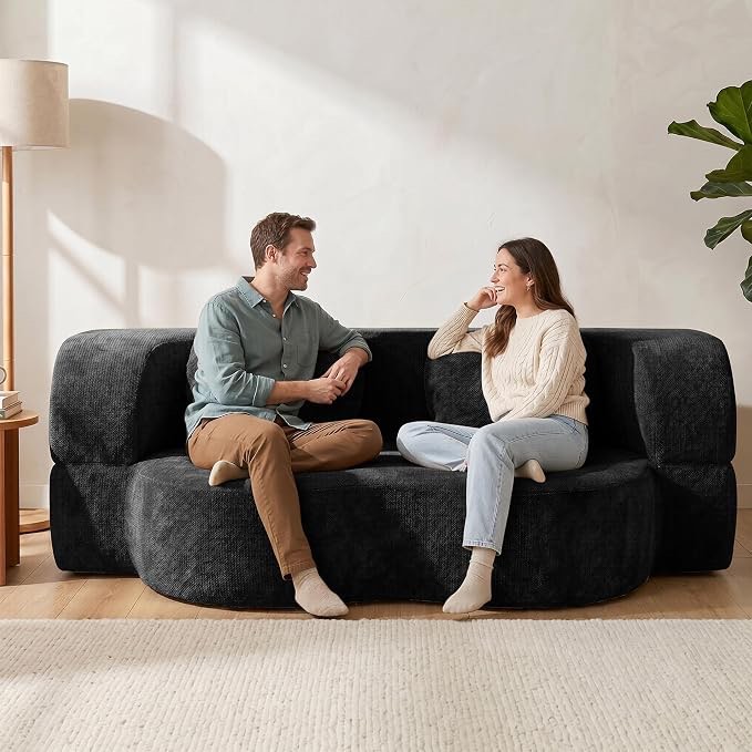 Condition photo showing New/Like New for vongrasig convertible sofa bed, 77” folding boneless couch, floor sofa 2-in-1 curved couch for small living room, apartment, guest room, black
