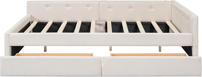Condition photo showing Good Condition for incomplete: merax queen size upholstered platform bed with usb and 2 drawers, beige