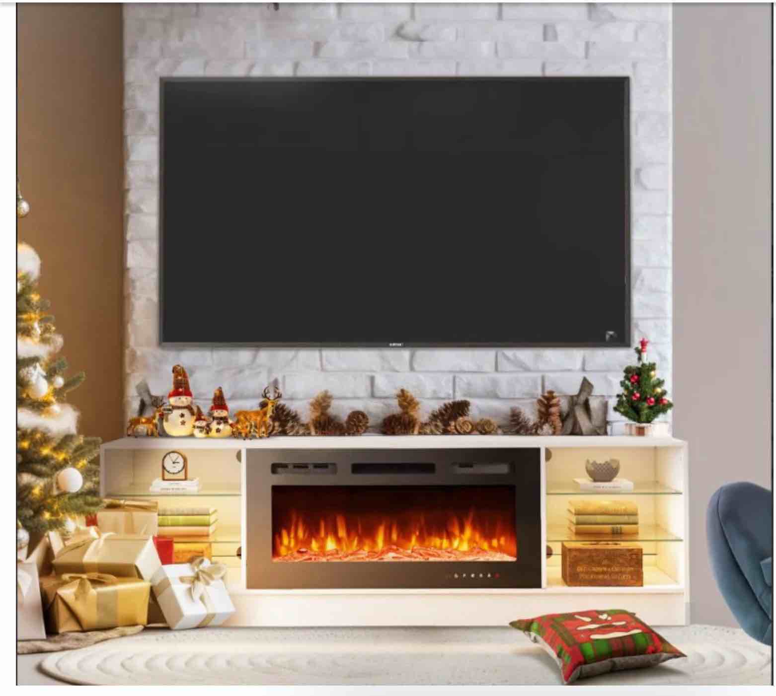 (Incomplete box 1 of 2) EROMMY 79 Inch Contemporary Electric Fireplace TV Stand with LED Lights – White WQHM-137WH-A-WQHM-137BK-B-SP-EY-US