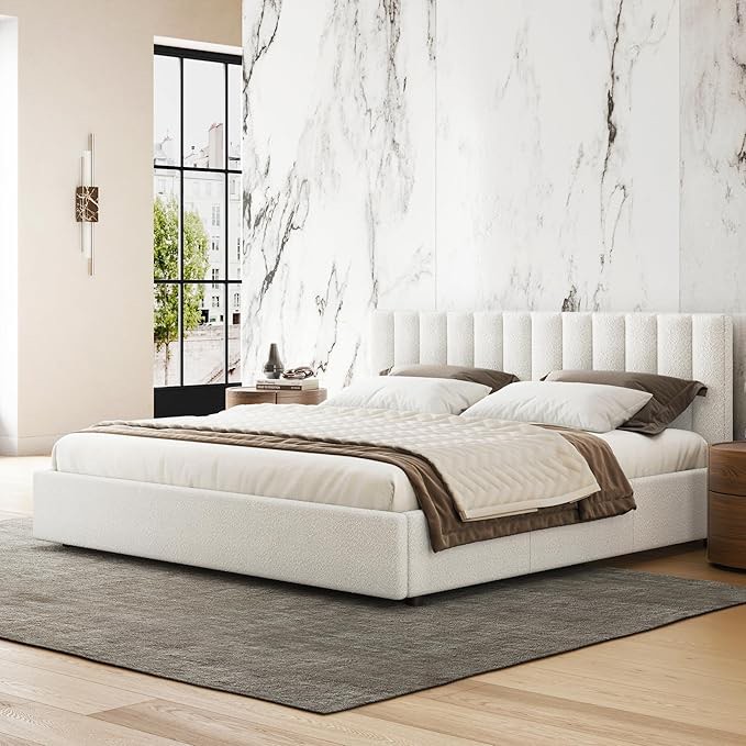 (incomplete box box 2 ) Jaxon Upholstered Platform Bed with Vertical Channel Tufted Headboard | Box Spring Not Required | White Boucle, King