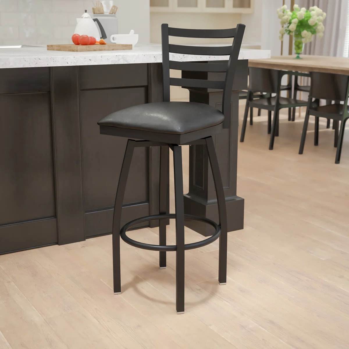 (incomplete 2 base only) Lomonaco Ladder Back Swivel Metal Barstool with Vinyl Upholstered Seat Number of Stools: 1, Color: Black
