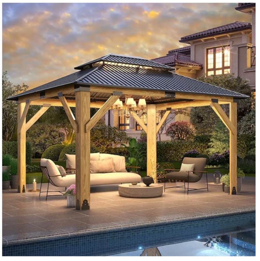 (incomplete 1 box only) 11x13FT Wood Gazebo, Outdoor Wooden Gazebo with Glavanized Steel Double Roof, Hardtop Gazebos for Garden, Patio, Deck, Backyard