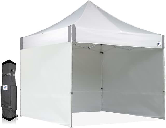 E-Z UP ES100S Instant Commercial Pop Up Canopy Tent, 10' x 10' with 3 Sidewalls, 1 Mid-Zip Sidewall and Wide-Trax Roller Bag, White