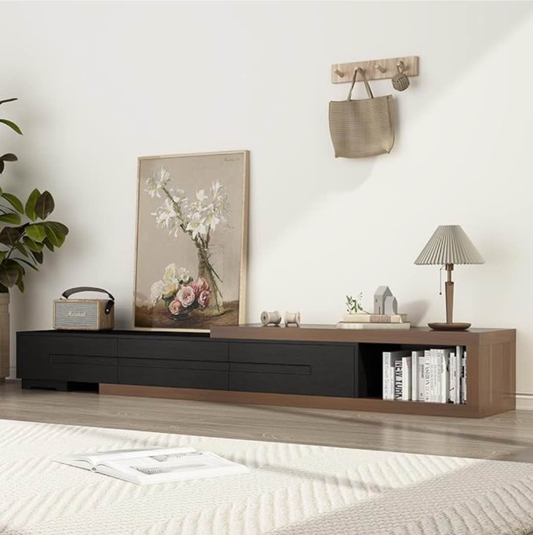 Extendable Tv Stand, Wood Reversible Entertainment Center With 3 Large Drawers Color: Black