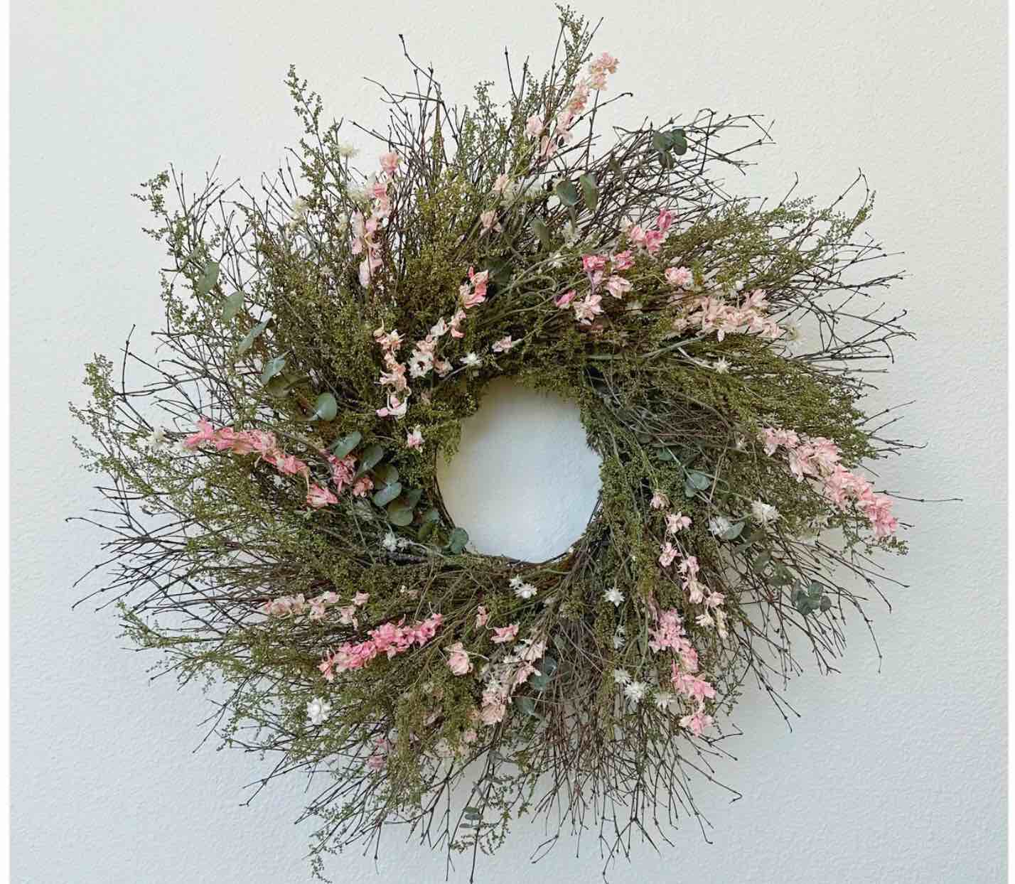 dried pink larkspur and sweet annie spring wreath